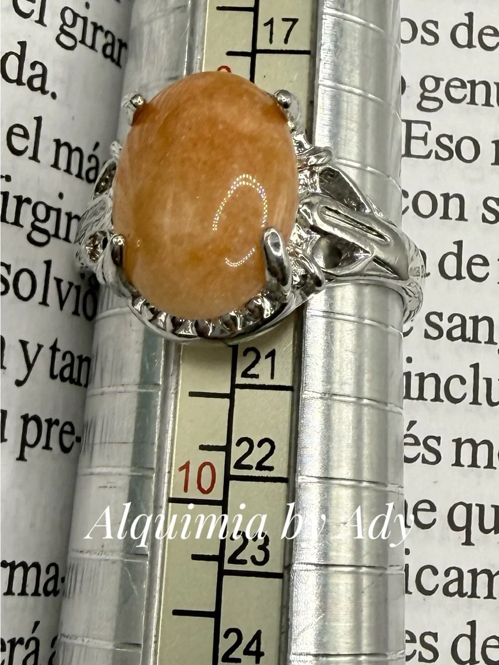 Peach Jade Oval Ring with Silver Accents